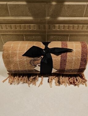 New Hearth And Hand With Magnolia Tanand Red Plaid Fringed Throw Blanket 60"×50"